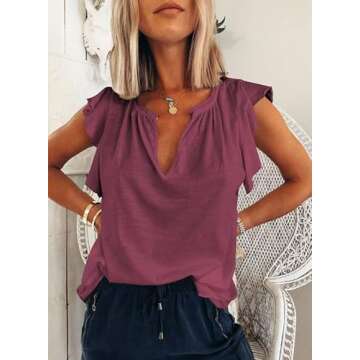 Dokotoo Women's Casual Ruffle Cap Sleeve Tank Tops - Cute Solid V Neck Tee for All Occasions