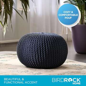 BIRDROCK HOME Round Pouf Ottoman | Cotton Braided Foot Stool with Bean Bag Filling | Boho Foot Rest for Living Room & Bedroom | Compact & Comfortable Seating, Lightweight & Soft | Navy