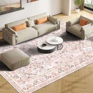 Vhong Pink Area Rugs Washable Boho Vintage Modern Neutral Large Carpet 5×7 High Traffic Rugs for Di...