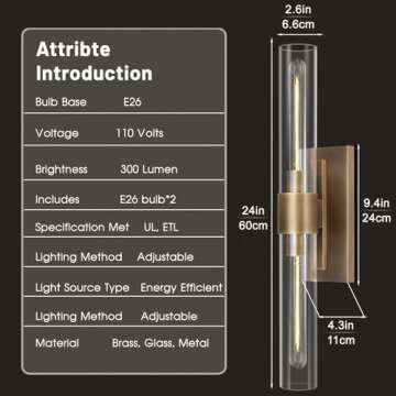 ZHTIECHUI Brass Bathroom Vanity Wall Sconces - Elegant Glass Tube Design, Indoor Use, E26 Bulbs Incl...