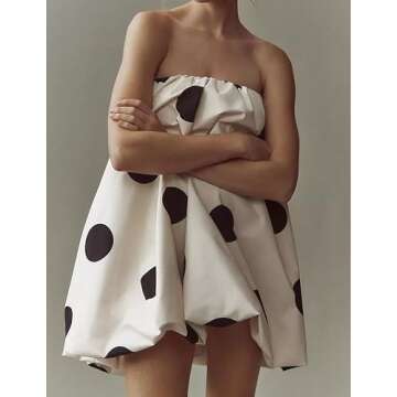 Meladyan Women’s Polka Dot Bubble Mini Dress Strapless Backless Loose Fit Tube Dress Elegant Pleat...