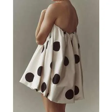 Meladyan Women’s Polka Dot Bubble Mini Dress Strapless Backless Loose Fit Tube Dress Elegant Pleated Elastic Beach Dress
