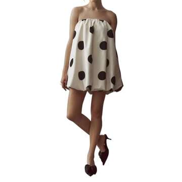 Meladyan Women’s Polka Dot Bubble Mini Dress Strapless Backless Loose Fit Tube Dress Elegant Pleated Elastic Beach Dress