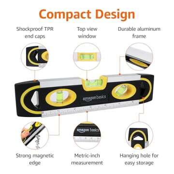 Amazon Basics 9-inch Easy to Use Magnetic Torpedo Level and Ruler, with 180/90/45 Degree Bubbles, Black, Yellow