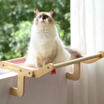 MEWOOFUN Cat Window Perch Lounge Mount Hammock Window Seat Bed Shelves for Indoor Cats No Drilling No Suction Cup (Pink/Grey)