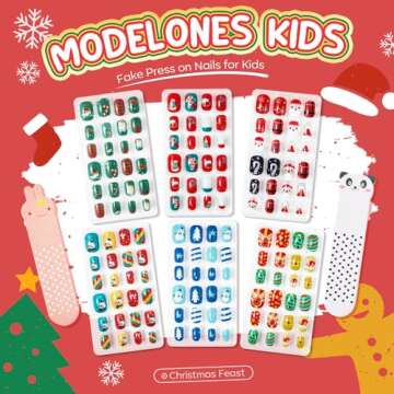 Modelones Christmas Press on Nails for Kids 144Pcs 6 Pack Children Girls Toys 8-10 Acrylic Fake Nail...