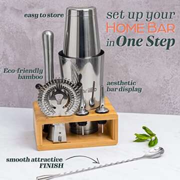 Elite Mixology Bartender Kit Boston Cocktail Shaker Set by Barillio: Drink Mixer Set with Bar Tools, Bamboo Stand Boston Shaker Mojito Muddler Mixing Spoon Jigger Recipes Booklet