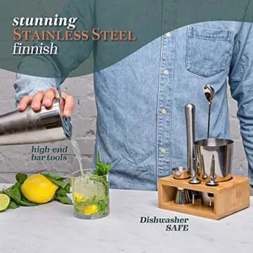 Elite Mixology Bartender Kit Boston Cocktail Shaker Set by Barillio: Drink Mixer Set with Bar Tools, Bamboo Stand Boston Shaker Mojito Muddler Mixing Spoon Jigger Recipes Booklet