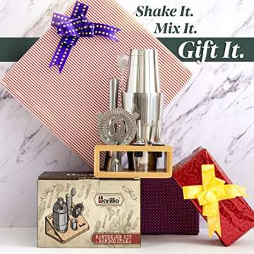 Elite Mixology Bartender Kit Boston Cocktail Shaker Set by Barillio: Drink Mixer Set with Bar Tools, Bamboo Stand Boston Shaker Mojito Muddler Mixing Spoon Jigger Recipes Booklet