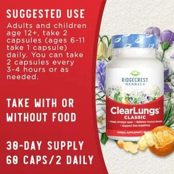 RidgeCrest Herbals ClearLungs Classic, Natural Lung and Nasal Daily Health Supplement for Bronchial, Respiratory, Immune, Sinus, and Mucus Wellness Support, Herbal Formula (60 Caps, 30 Serv)