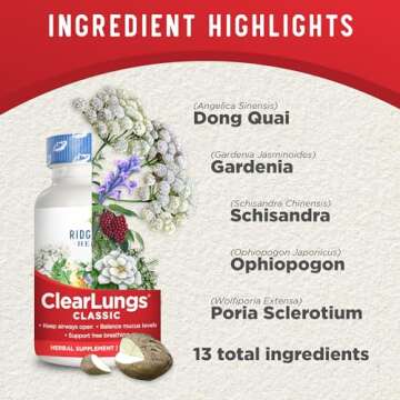 RidgeCrest Herbals ClearLungs Classic, Natural Lung and Nasal Daily Health Supplement for Bronchial, Respiratory, Immune, Sinus, and Mucus Wellness Support, Herbal Formula (60 Caps, 30 Serv)