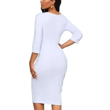 Yajedo White Dress Women Church 3/4 Sleeve Bodycon Ruched Elegant Business Pencil Sheath Dress(White Small)