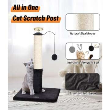 Happi N Pets 22" Cat Scratching Posts for Indoor Cats, Carpet Cat Scratch Post, Sisal Cat Scratcher, Cat Post with Rotatable Hanging Balls & Stable Base, Cat Scratchers for Kittens-Smoky Gray