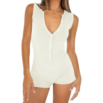 CHYRII Womens V Neck Jumpsuits Yoga Workout Bodycon Rompers Comfortable Sleeveless Outfits in Beige