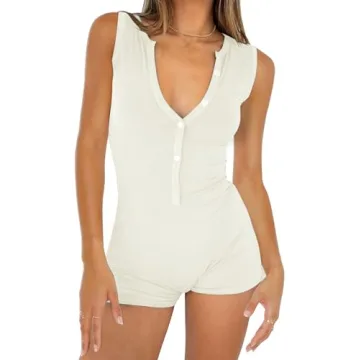 CHYRII Womens V Neck Jumpsuits Yoga Workout Bodycon Rompers Comfortable Sleeveless Outfits in Beige