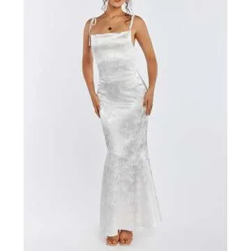 GLNEGE Women's Satin Bodycon Maxi Dress Elegant Formal Spaghetti Strap Cowl Neck Evening Party Dresses White