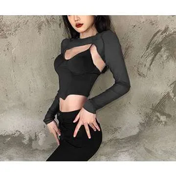 Meladyan Women's Sexy Long Sleeve Mesh Crop Top Solid Cover Up Spaghetti Strap Slim Fit Corset Cami 2 pieces Clubwear, Black, Large