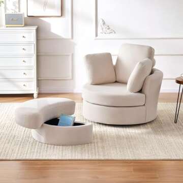 Huatean Home 39” Swivel Accent Barrel Chairs with Removable Headrest, Chaise Lounge Indoor with Neck Support Pillow, Swivel Chairs for Living Room, Oversized Chair with Ottoman, Beige