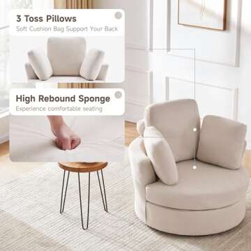 Huatean Home 39” Swivel Accent Barrel Chairs with Removable Headrest, Chaise Lounge Indoor with Neck Support Pillow, Swivel Chairs for Living Room, Oversized Chair with Ottoman, Beige