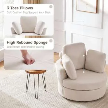 Huatean Home 39” Swivel Accent Barrel Chairs with Removable Headrest, Chaise Lounge Indoor with Neck Support Pillow, Swivel Chairs for Living Room, Oversized Chair with Ottoman, Beige