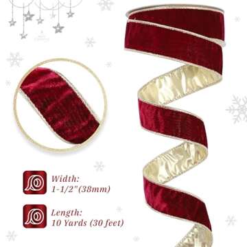 DINDOSAL Burgundy Velvet Ribbon Wired 1.5" x 10 Yards Burgundy Christmas Wired Ribbon with Gold Back...