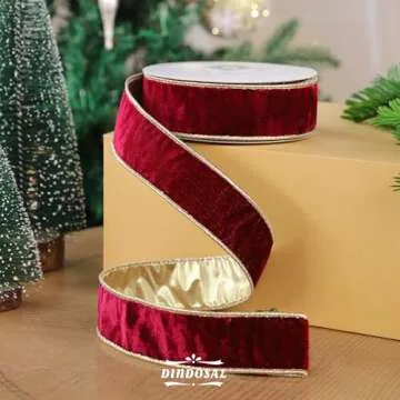 DINDOSAL Burgundy Velvet Ribbon Wired 1.5" x 10 Yards Burgundy Christmas Wired Ribbon with Gold Backside, Burgundy and Gold Wired Ribbon for Christmas Tree Decorations, Wreaths, Crafts, Gift Wrapping
