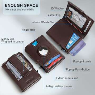 miyozi Airtag Wallet for Men,with Money Clip 10 Cards Metal Case Smart Slim Pop Up Credit Card Holde...