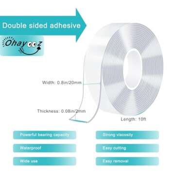Ohayooz Extra Strong Double Sided Tape Heavy Duty Removable 10FT, Clear Sticky Adhesive Nano Tape Tough Washable Waterproof Mounting Tape for Hanging Picture, Poster, Carpet, Photo Deco