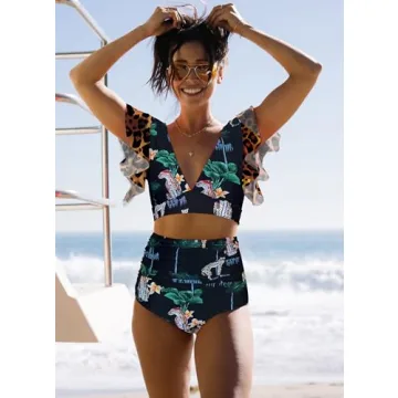 SPORLIKE Women Ruffle High Waist Swimsuit Two Pieces Push Up Tropical Print Bikini (Leopard/Black, Small)