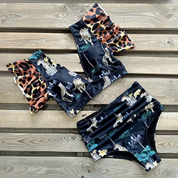 SPORLIKE Women Ruffle High Waist Swimsuit Two Pieces Push Up Tropical Print Bikini (Leopard/Black, Small)