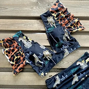 SPORLIKE Women Ruffle High Waist Swimsuit Two Pieces Push Up Tropical Print Bikini (Leopard/Black, Small)