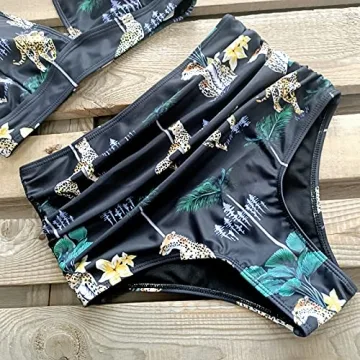 SPORLIKE Women Ruffle High Waist Swimsuit Two Pieces Push Up Tropical Print Bikini (Leopard/Black, Small)