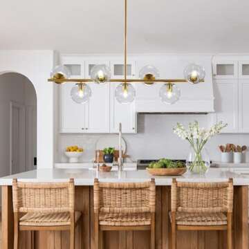 KCO Lighting 7-Light Clear Glass Globe Sputnik Chandelier Lighting Mid Century Modern Pendant Hanging Light Ceiling Gold Brass Chandeliers for Kitchen Island Dining Living Room