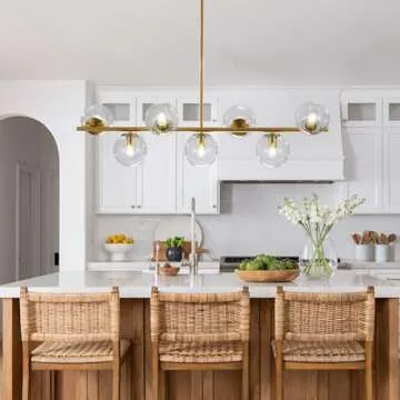 KCO Lighting 7-Light Clear Glass Globe Sputnik Chandelier Lighting Mid Century Modern Pendant Hanging Light Ceiling Gold Brass Chandeliers for Kitchen Island Dining Living Room