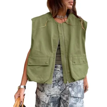 Tankaneo Women's Casual Zip Up Vest Cargo Oversized Ruched Hem Sleeveless Blazer Jackets Tops