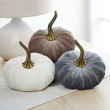 Set of 3 Velvet 6.25 Inch Pumpkins, neutral fall decor, autumn cozy vibe, Thanksgiving centerpiece, ...
