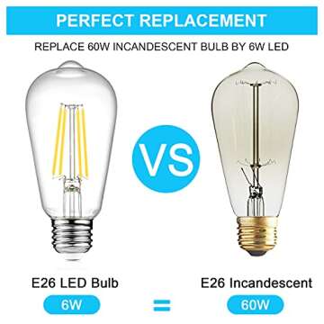 Ascher Vintage LED Edison Bulbs, 6W, Equivalent 60W, Non-Dimmable, High Brightness Daylight White 4000K, ST58 Antique LED Filament Bulbs with 80+ CRI, E26 Medium Base, Clear Glass, Pack of 6