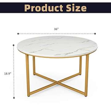 mecor Round Coffee Table, Modern Center Table with Faux Marble Surface top & Gold Metal Legs, Sofa T...