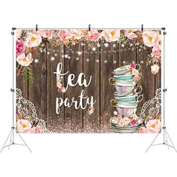 Ticuenicoa 7x5ft Rustic Wood Tea Party Backdrop for Photography Lace Let's Partea Pink Floral Pictur...