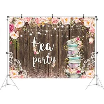 Ticuenicoa 7x5ft Rustic Wood Tea Party Backdrop for Photography Lace Let's Partea Pink Floral Pictur...