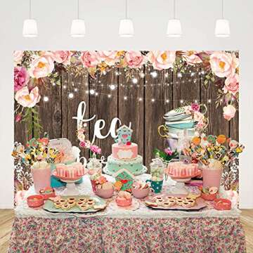 Ticuenicoa 7x5ft Rustic Wood Tea Party Backdrop for Photography Lace Let's Partea Pink Floral Picture Background Brunch and Bubbly Bridal Shower Banner Wedding Party Decorations Baby Shower Supplies