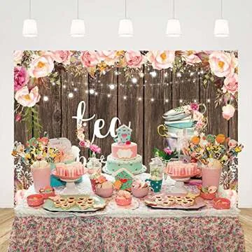 Ticuenicoa 7x5ft Rustic Wood Tea Party Backdrop for Photography Lace Let's Partea Pink Floral Picture Background Brunch and Bubbly Bridal Shower Banner Wedding Party Decorations Baby Shower Supplies