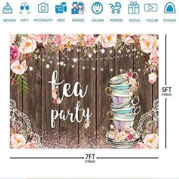 Ticuenicoa 7x5ft Rustic Wood Tea Party Backdrop for Photography Lace Let's Partea Pink Floral Picture Background Brunch and Bubbly Bridal Shower Banner Wedding Party Decorations Baby Shower Supplies