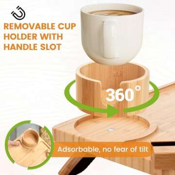 HULISEN Couch Cup Holder, Sofa Arm Tray with 360° Rotating Phone Holder & Cup Holder, Folding Anti-Slip Couch Arm Table, Wood Couch Tray Clip on Side Table for Small Space, Eating, Snacks, Remote