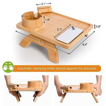 HULISEN Couch Cup Holder, Sofa Arm Tray with 360° Rotating Phone Holder & Cup Holder, Folding Anti-Slip Couch Arm Table, Wood Couch Tray Clip on Side Table for Small Space, Eating, Snacks, Remote
