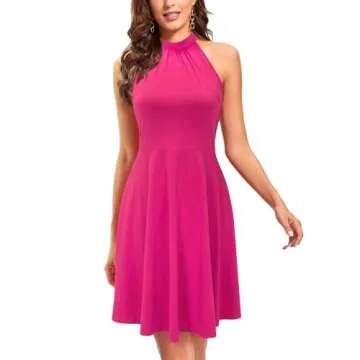 OUGES Women's 2025 Summer Fashion Pink Halter Neck Sleeveless Tie Back Swing A-Line Sundress Beach Vacation Dress(Hot Pink,M)