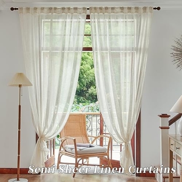 Flax Linen Semi Sheer Curtains for Living Room 2 Panels