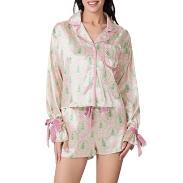 Cute Christmas Pajamas Set for Women Bow Tie Long Sleeve Shirt Ruffle Shorts 2 Piece Outfit Silk Sat...