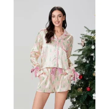 Cute Christmas Pajamas Set Women Bow Tie Satin Loungewear