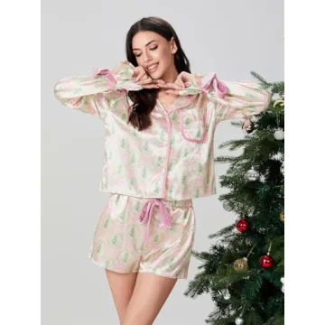 Cute Christmas Pajamas Set Women Bow Tie Satin Loungewear